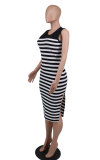 Sleeveless Stripe Print Split Midi Dress XHXF-405