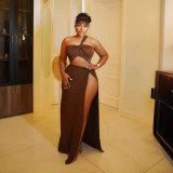 Solid Color Slash Shoulder Split Skirts Two Piece Set NY-10783