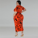 Plus Size Button Lapel Short Sleeve Long Dress GDAM-218391