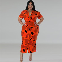 Plus Size Button Lapel Short Sleeve Long Dress GDAM-218391