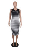 Sleeveless Stripe Print Split Midi Dress XHXF-405