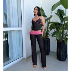 V Neck Halter Bandage Pleated Pants Two Piece Set ASL-6711