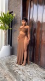 Solid Color Slash Shoulder Split Skirts Two Piece Set NY-10783
