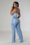 Sleeveless Halter Backless Denim Straight Jumpsuit LX-6981
