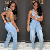 Sexy Backless Halter Denim Jumpsuit MK-3205