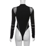 Print Mesh Patchwork Long Sleeve Bodysuit GZJQ-P1732914
