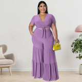 Plus Size Solid  Tie Up Short Sleeve Two Piece Pant Set GDAM-218191
