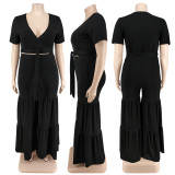 Plus Size Solid  Tie Up Short Sleeve Two Piece Pant Set GDAM-218191