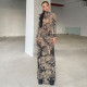 Print Long Sleeve Mesh Slim Maxi Dress GZJQ-K23D33779