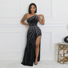Hot Drill Slash Shoulder High Split Evening Dress CYA-901195