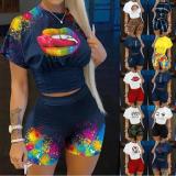 Print Short Sleeve Two Piece Shorts Set GMES-8830