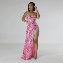 V Neck Sequin Irrgular Hot Drill Split Maxi Dress CYA-901171