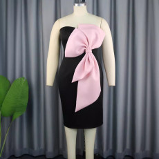Sexy One Shoulder Color Contrast Bowknot Gown Dress GKEN-030304
