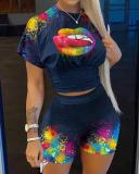 Print Short Sleeve Two Piece Shorts Set GMES-8830