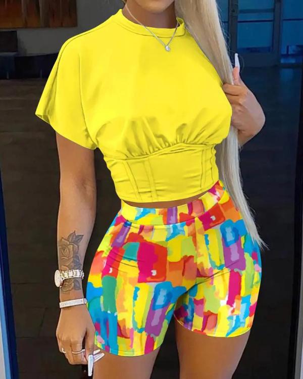 Print Short Sleeve Two Piece Shorts Set GMES-8830