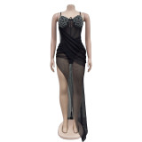 Mesh Hot Drill Patchwork Maxi Dress GFYX-6883