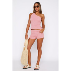 Solid Color Slash Neck Two Piece Shorts Set ASL-6731