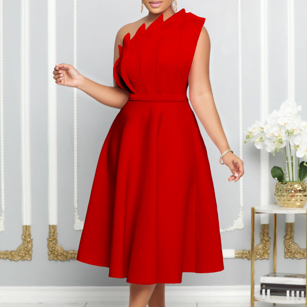 Slant Neck Pleated Sleeveless Party Dress GMLF-3200