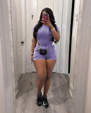 Solid Color Rib Bodysuit And Shorts 2 Piece Set TR-1311