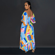 Print Backless Press Pleated Maxi Dress BY-6879