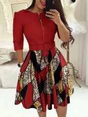 Long Sleeve Contrast Color Slim Midi Dress(With Belt) GSRX-9077