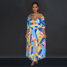 Print Backless Press Pleated Maxi Dress BY-6879