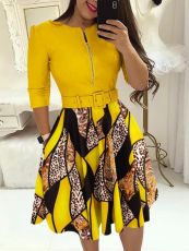 Long Sleeve Contrast Color Slim Midi Dress(With Belt) GSRX-9077