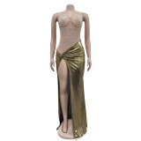 Sexy Hot Drill High Split Maxi Dress BY-6935