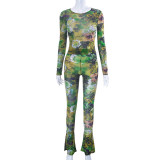 Mesh Print Long Sleeve Tight 2 Piece Pants Set MXBF-K23ST028