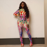 Mesh Print Long Sleeve Tight 2 Piece Pants Set MXBF-K23ST028