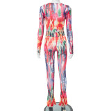 Mesh Print Long Sleeve Tight 2 Piece Pants Set MXBF-K23ST028