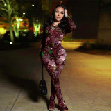 Mesh Print Long Sleeve Tight 2 Piece Pants Set MXBF-K23ST028
