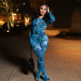 Mesh Print Long Sleeve Tight 2 Piece Pants Set MXBF-K23ST028