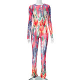 Mesh Print Long Sleeve Tight 2 Piece Pants Set MXBF-K23ST028