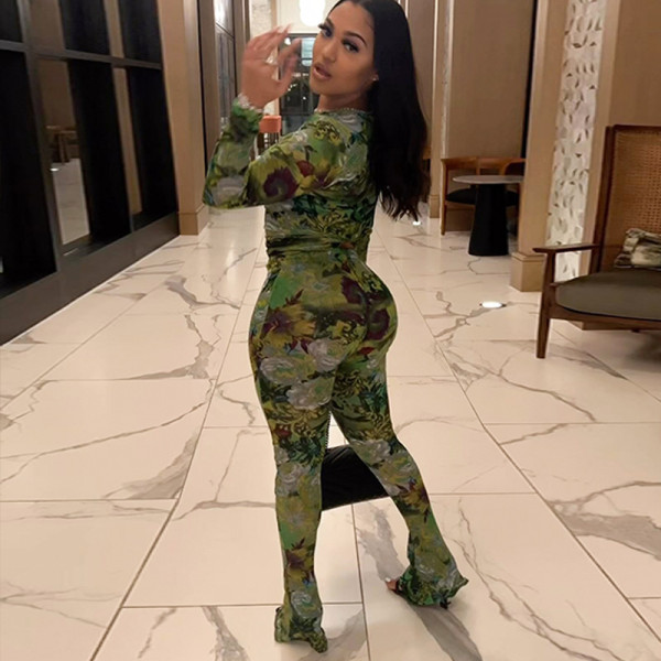 Mesh Print Long Sleeve Tight 2 Piece Pants Set MXBF-K23ST028