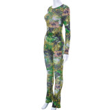 Mesh Print Long Sleeve Tight 2 Piece Pants Set MXBF-K23ST028