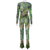 Mesh Print Long Sleeve Tight 2 Piece Pants Set MXBF-K23ST028