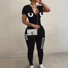 Long Sleeve Letter Print Zipper Jumpsuit GXJL-00045