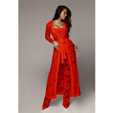 Lace Long Sleeve Tie UP Wide-leg Pants Three-piece Set YF-9225