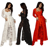 Lace Long Sleeve Tie UP Wide-leg Pants Three-piece Set YF-9225