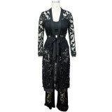 Lace Long Sleeve Tie UP Wide-leg Pants Three-piece Set YF-9225