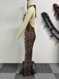 Leopard Print Halter Backless Maxi Dress NY-10789