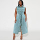 Plus Size Sleeveless Lapel Tie Up Denim Maxi Dress GDAM-218502
