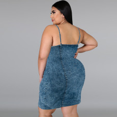 Plus Size Sleeveless Sling Demim Mini Dress GDAM-218399