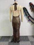 Leopard Print Halter Backless Maxi Dress NY-10789