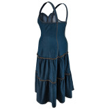 Plus Size Sleeveless Sling Zipper Denim Long Dress GDAM-218500