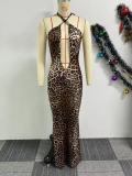 Leopard Print Halter Backless Maxi Dress NY-10789