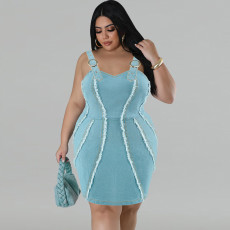 Plus Size Denim Sling Tassel Sleeveless Mini Dress GDAM-218505
