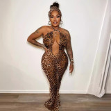 Leopard Print Halter Backless Maxi Dress NY-10789
