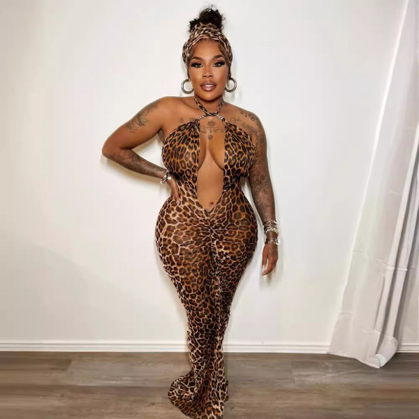 Leopard Print Halter Backless Maxi Dress NY-10789